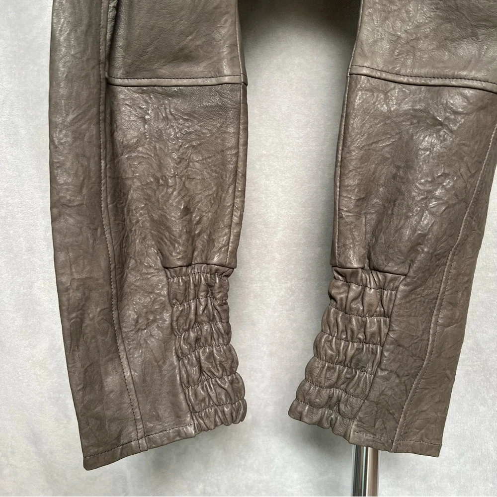 ROCOCO Crinkle Leather Pants Sz S Barrel Drop Crutch Crop Harem Olive Green Soft - Picture 6 of 17